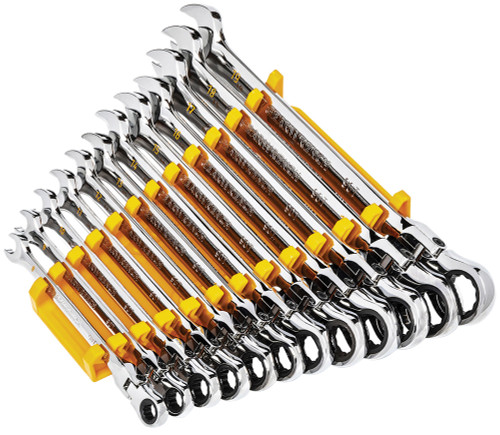 PG152 - 12-PC 90-TOOTH 12-POINT METRIC FLEX HEAD COMBINATION RATCHETING WRENCH SET ON A RACK, 8MM-19MM