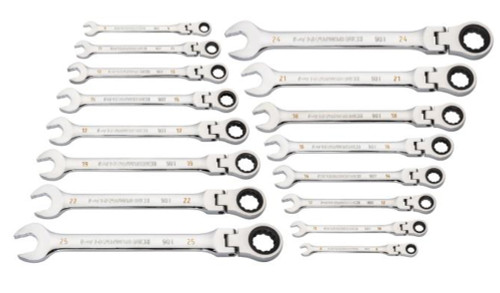 PG166 - 16-PC 90-TOOTH 12-POINT METRIC FLEX HEAD COMBINATION RATCHETING WRENCH SET ON A RACK, 8MM-25MM