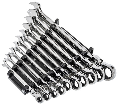 PG159 - 10-PC 90-TOOTH 12-POINT SAE FLEX HEAD COMBINATION RATCHETING WRENCH SET ON A RACK, 1/4"-3/4"