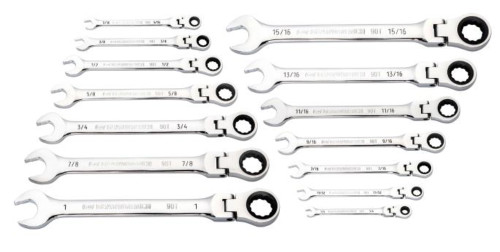 PG166 - 14-PC 90-TOOTH 12-POINT SAE FLEX HEAD COMBINATION RATCHETING WRENCH SET ON A RACK, 1/4"-1"