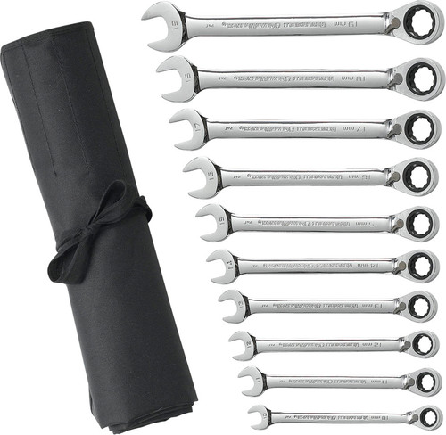 10 PC. 12 PT., 15° OFFSET, REVERSIBLE RATCHETING COMBINATION METRIC WRENCH SET WITH TOOL ROLL, 10MM-19MM