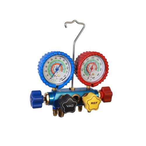 Collecteur à 4 soupapes R22, R134a, R404A, PSI, °F, avec verre de visée ; Tuyaux flexibles de 4 à 60 po (CRDV de 3/8 po)