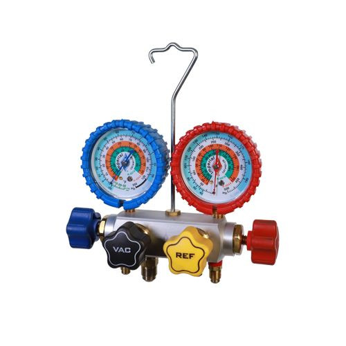 Collecteur à 4 soupapes R134a, R404A, R507, PSI, °F.  Emballage de coquille de palourde
