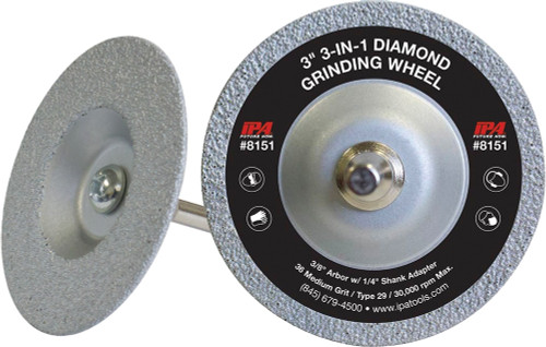 PG119 - 3" DIAMETER 3-IN-1 DIAMOND GRINDING WHEEL, GRIND, CUT & UNDERCUT, 3/8" ARBOR WITH 1/4" SHANK ADAPTER