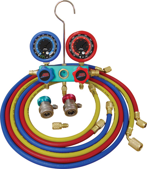 PG14 - R12/R134A DELUXE DUAL ALUMINUM A/C MANIFOLD GAUGE SET, (3) 96" HOSES
