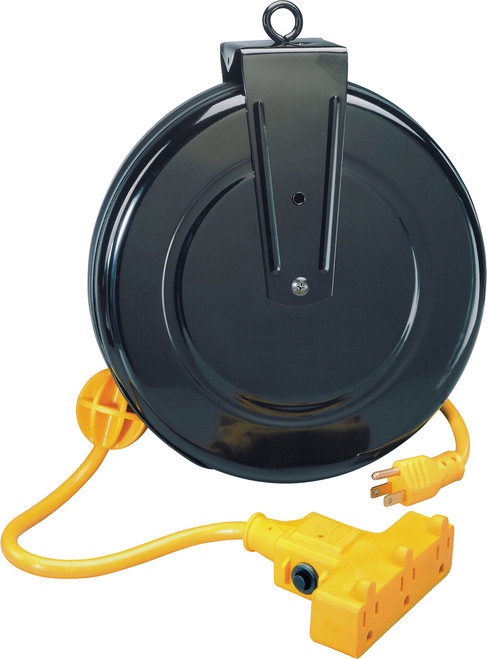 PG281 - BOBINE DE CÂBLE D’ALIMENTATION MÉTALLIQUE RÉTRACTABLE DE 30' AVEC PEINTURE DE POUDRE, 3 PRISES, SJTW 14/3