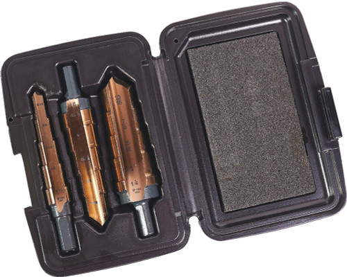 PG112  -  3-PC STEP DRILL BIT & REAMER SET, 3/8" SHANK, 5 STEPS, 5/16" - 9/16", 9/16" - 13/16", 13/16" - 1-1/16"