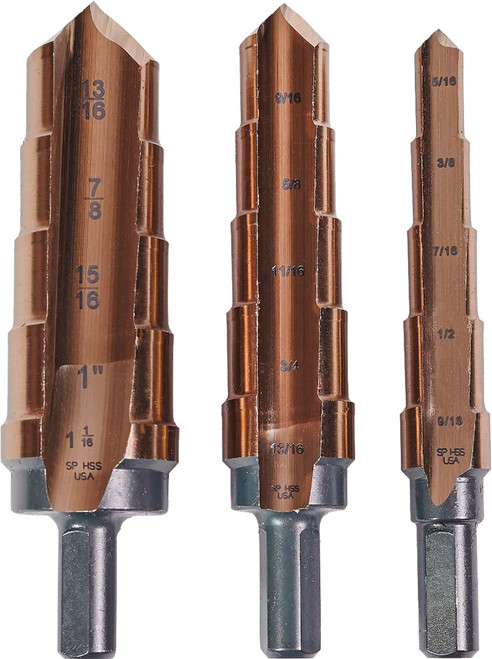 PG127 - 3-PC STEP DRILL BIT & REAMER SET, 3/8" SHANK, 5 STEPS, 5/16" - 9/16", 9/16" - 13/16", 13/16" - 1-1/16"