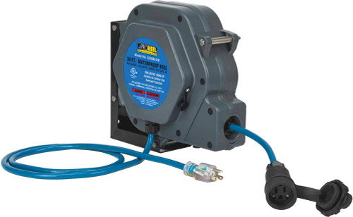 PG266 - BOBINE DE CÂBLE PROFESSIONNEL RÉTRACTABLE RÉSISTANT AUX INTEMPÉRIES INTÉRIEUR/EXTÉRIEUR, SJTOOW BLEU 14/3 DE 30 PIEDS, PRISE SIMPLE, 13A, 125VAC