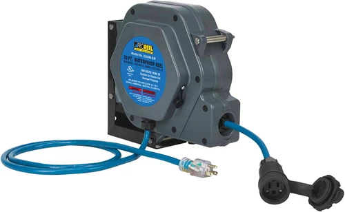 PG283 - Enrouleur de câble rétractable professionnel résistant aux intempéries pour intérieur/extérieur, 9 m (30 pi), bleu, 14/3 SJTOOW, prise simple, 13 A, 125 V CA