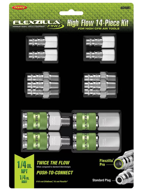 Coupleur à haut débit Flexzilla® Pro et Bouchon Trousse, 1/4 po NPT, corps 1/4 po, 14 pièces