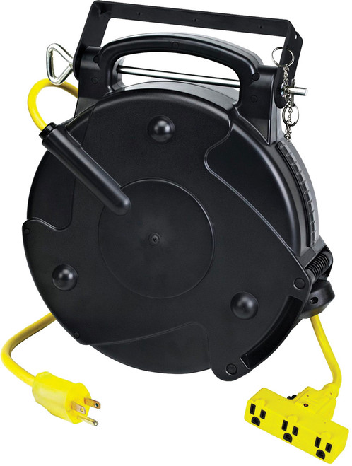 PG281 - PROFESSIONAL RETRACTABLE INDOOR CORD REEL, 50' YELLOW 14/3 SJTOW, TRI TAP WITH CIRCUIT BREAKER, 13A, 125VAC
