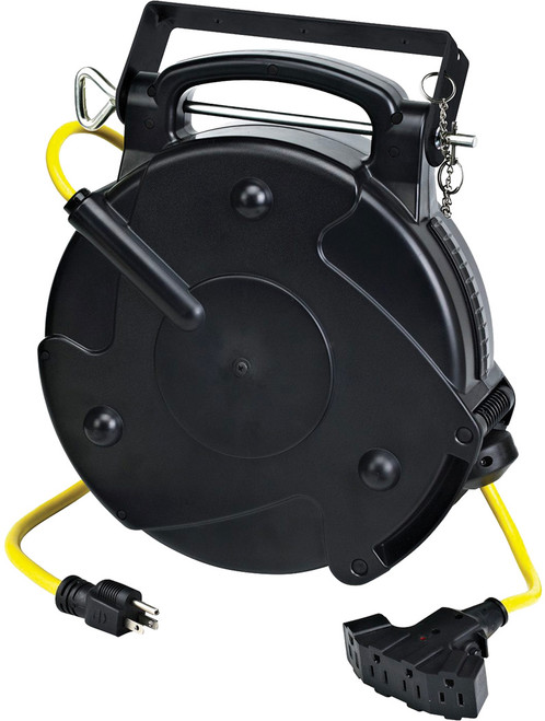 PG281 - PROFESSIONAL RETRACTABLE INDOOR CORD REEL, 65' YELLOW 12/3 SJTOW, QUAD OUTLETS WITH CIRCUIT BREAKER, 15A, 125VAC