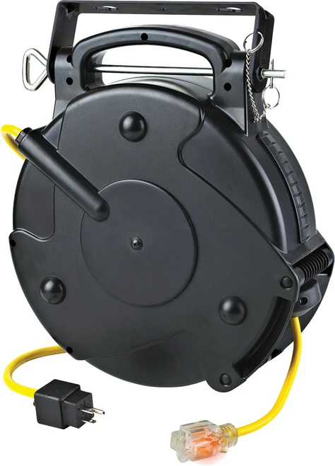 PG277 - PROFESSIONAL RETRACTABLE INDOOR CORD REEL, 65' YELLOW 12/3 SJTOW, SINGLE ILLUMINATED OUTLET WITH CIRCUIT BREAKER, 15A, 125VAC
