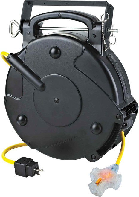 PG266 - ENROULEUR DE RALLONGE INTÉRIEURE RÉTRACTABLE INDUSTRIELLE, SJTOW JAUNE 14/3 DE 75 PIEDS, TRI TAP AVEC DISJONCTEUR, 10A, 125VAC