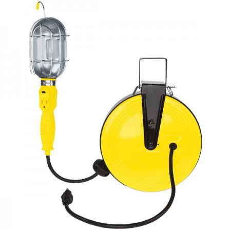 Lampe de travail incandescente avec garde en métal et prise unique sur bobine en métal de 40 pieds