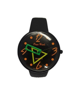 Pierre Nicol Black & Neon Analog Quartz Wristwatch w/Genuine Leather (New!) 80s