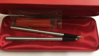 Pen Set Ball Point & Fountain, Stainless Steel w/ Gold Accents Gift Set in Case 