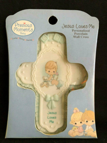 Precious Moments "Jesus Loves Me" Baby Boy Porcelain Wall Cross BAPTISM GIFT!