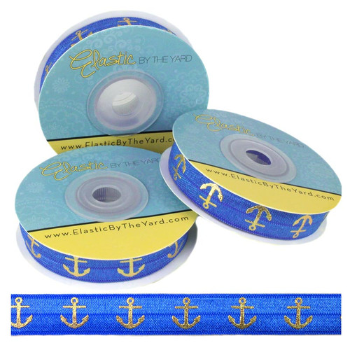 Sapphire Blue Gold Anchors Print Fold Over Elastic