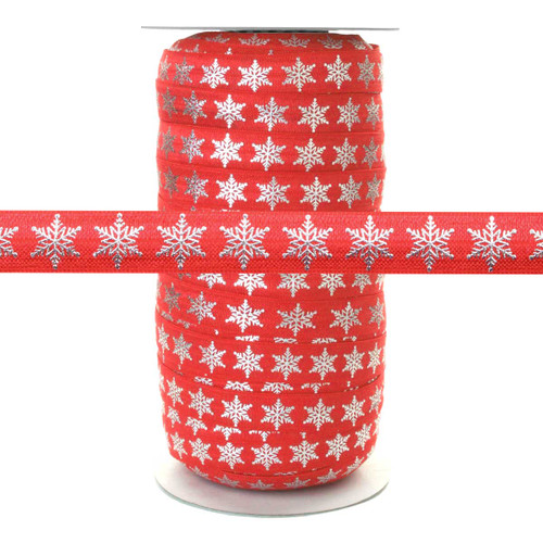 Silver Metallic Snowflake on Red - Fold Over Elastic 100yd