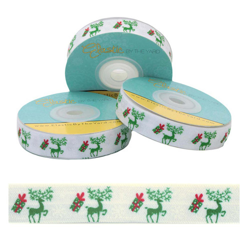 Reindeer Christmas Gifts on White 5/8" Fold Over Elastic Reindeer Christmas Gifts on White 5/8" Fold Over Elastic