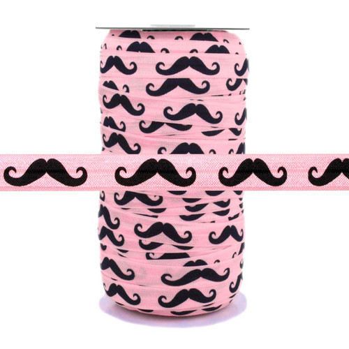 Black Mustache on Lite Pink 5/8" Fold Over Elastic 100yd
