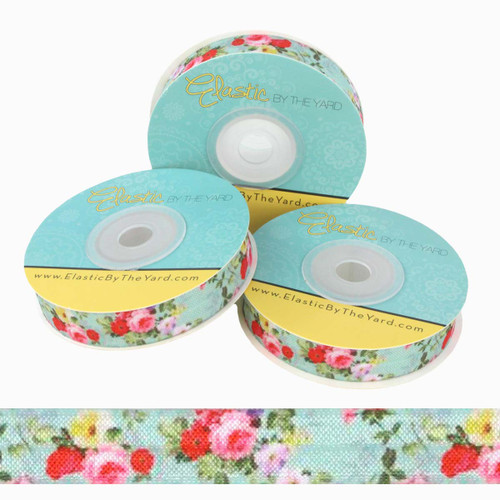 Floral on Aqua 5/8" Fold Over Elastic