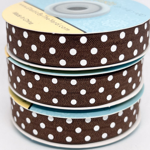 BROWN with White Polka Dots 5/8" Fold Over Elastic 100yd BROWN with White Polka Dots 5/8" Fold Over Elastic 100yd