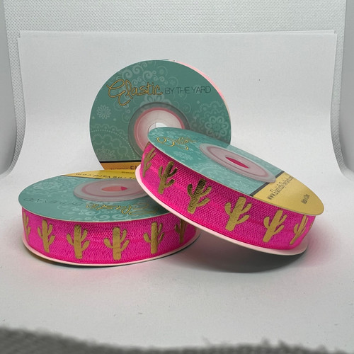 Gold Foil Cactus on Neon Pink 5/8" Fold Over Elastic *EFFLORESCENT 