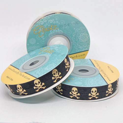 Gold Foil Skull and Crossbones on Black 5/8" Fold Over Elastic