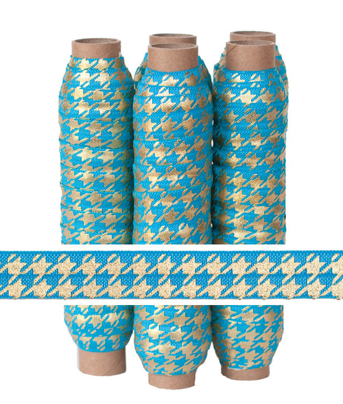 Blue with Gold Metallic Houndstooth Fold Over Elastic