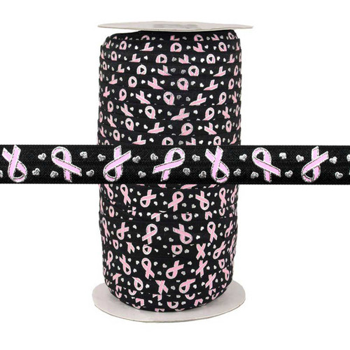 Breast Cancer Ribbon on Black 5/8" Fold Over Elastic 100yd