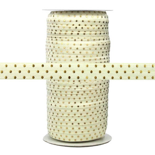 Ivory with Gold Metallic Dots Fold Over Elastic 100yd