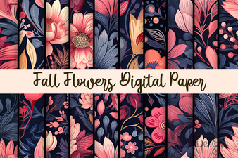 Pink and Navy Fall Flowers Digital Pattern 1