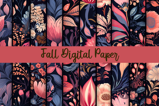 Pink and Navy Fall Flowers Digital Pattern 3