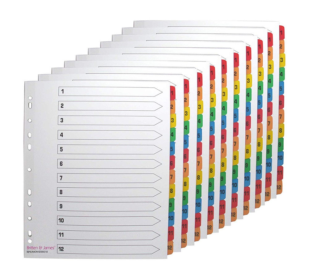 Britten and James Extra Wide Index Dividers Numbered 112. Pack of 10 sets.