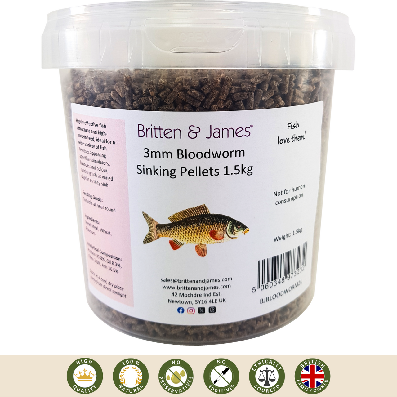 3mm Bloodworm Sinking Pellets Fishing Bait 1.5kg - Britten & James