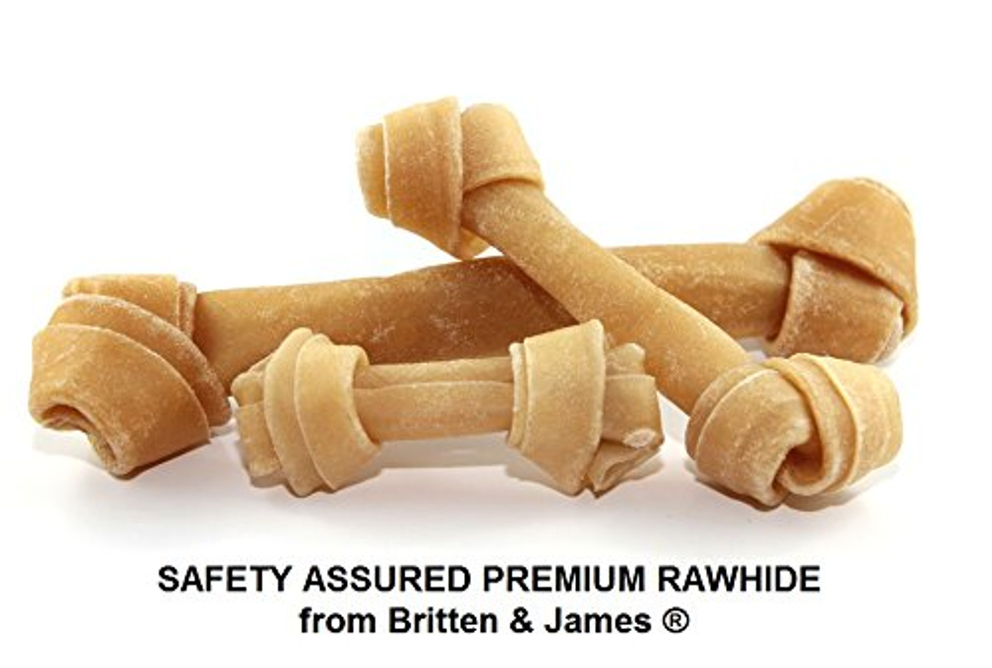 Safety Assured Natural Rawhide Knotted Bones for dogs. LARGE Pack of 10. Britten & James