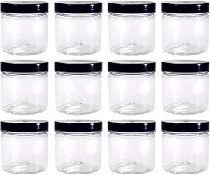 12 small round clear jars with flat black screw-top lids 12 small round clear jars with flat black screw-top lids