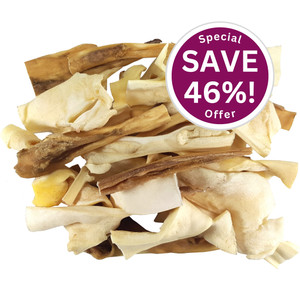 A close up of air-dried beef skin strips, light beige and buttery coloured strips of high-protein natural chews for dogs. In the top right corner is a purple circle with white text, saying 'Save 46%!'. A close up of air-dried beef skin strips, light beige and buttery coloured strips of high-protein natural chews for dogs. In the top right corner is a purple circle with white text, saying 'Save 46%!'.