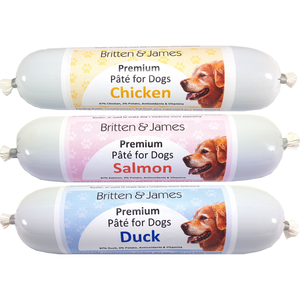 Britten & James healthy pate for dogs. Chicken, Salmon, and Duck Britten & James healthy pate for dogs. Chicken, Salmon, and Duck