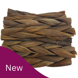 A photograph of our braided goat chews with a purple shape in the bottom left and white text saying 'New' A photograph of our braided goat chews with a purple shape in the bottom left and white text saying 'New'