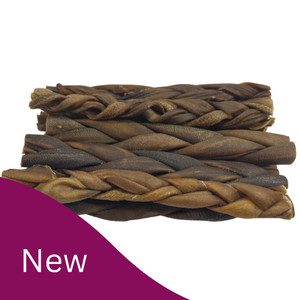 A photograph of our braided goat chews with a purple shape in the bottom left and white text saying 'New' A photograph of our braided goat chews with a purple shape in the bottom left and white text saying 'New'