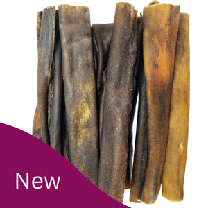 10 medium beef collagen chews for dogs, 15cm long cylindrical chews in varying shades of brown.