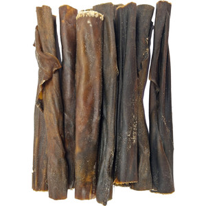 10 thin beef collagen chews for dogs, 15cm long cylindrical chews in varying shades of brown.