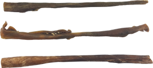 3 thin natural beef collagen chews, dark brown cylindrical dog chews