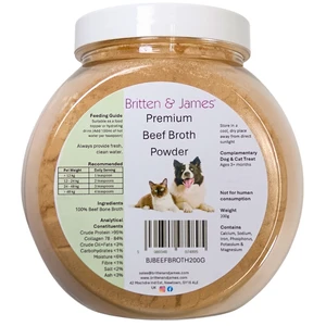 Photograph of a jar of Britten & James Premium Beef Bone Broth Powder, a light tan coloured powder. The product label is on the front.