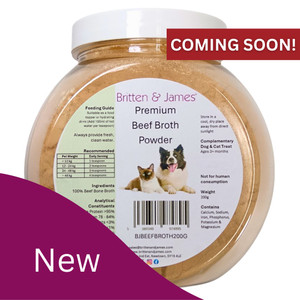 Photograph of a jar of Britten & James Premium Beef Bone Broth Powder. On the bottom left is a purple shape with white text saying 'New', On the top right is a red rectangle with white text saying ‘Coming Soon!’