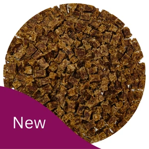 A circle of small brown chunks that are Britten and James Premium Beef Cubes treats for dogs.  At the bottom left is a purple swirl with white text reading 'New'.